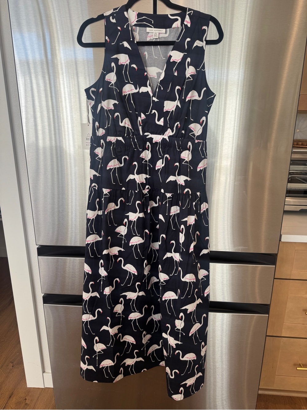 Sleeveless Navy Midi Dress with Pink Flamingo Print